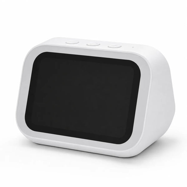 Réveil enceinte Bluetooth hors tension sur fond blanc, écran noir et contour lumineux éteint