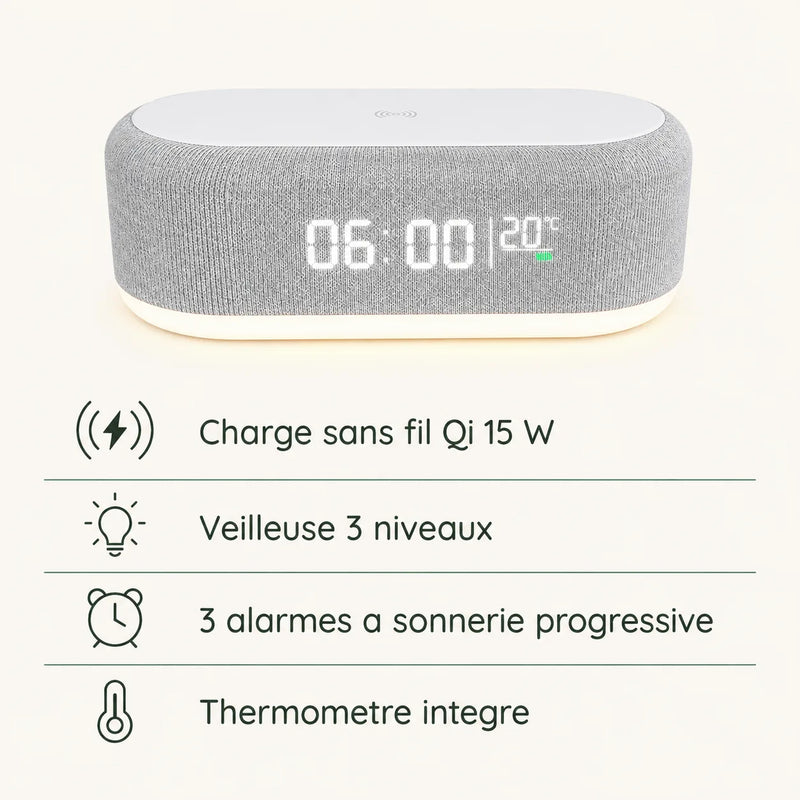 Fiche technique visuelle du réveil chargeur, charge sans fil Qi quinze watts, veilleuse trois niveaux, trois alarmes progressives et thermomètre