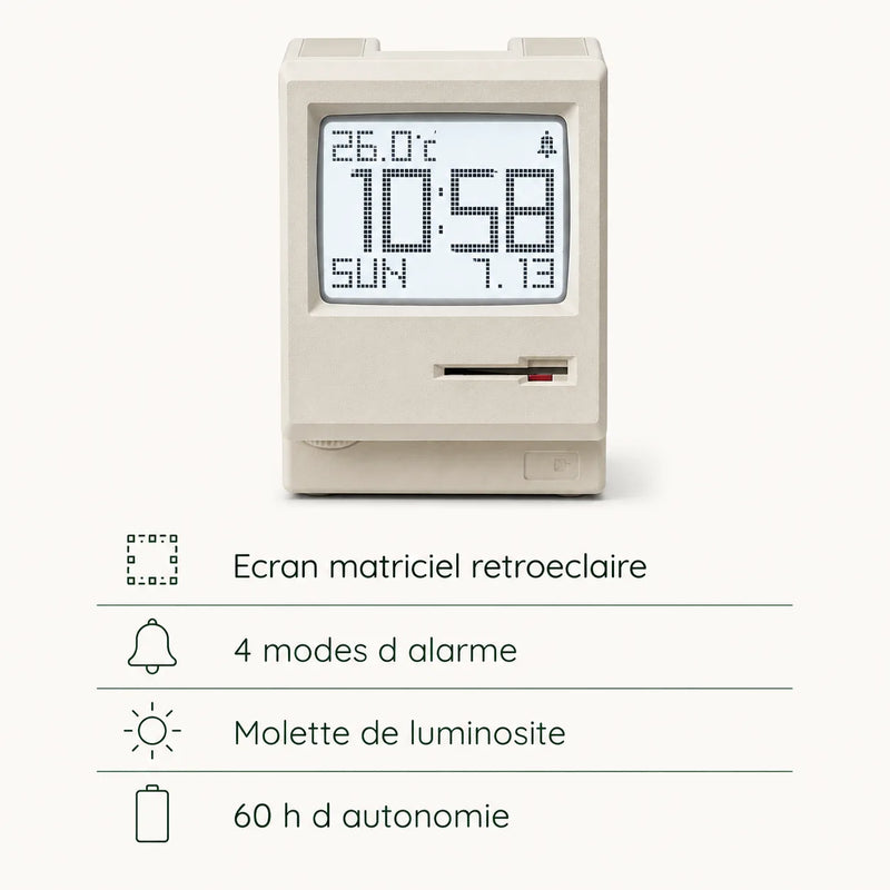 Fiche technique visuelle du réveil rétro, écran matriciel rétroéclairé, quatre modes d'alarme, molette de luminosité et soixante heures d'autonomie