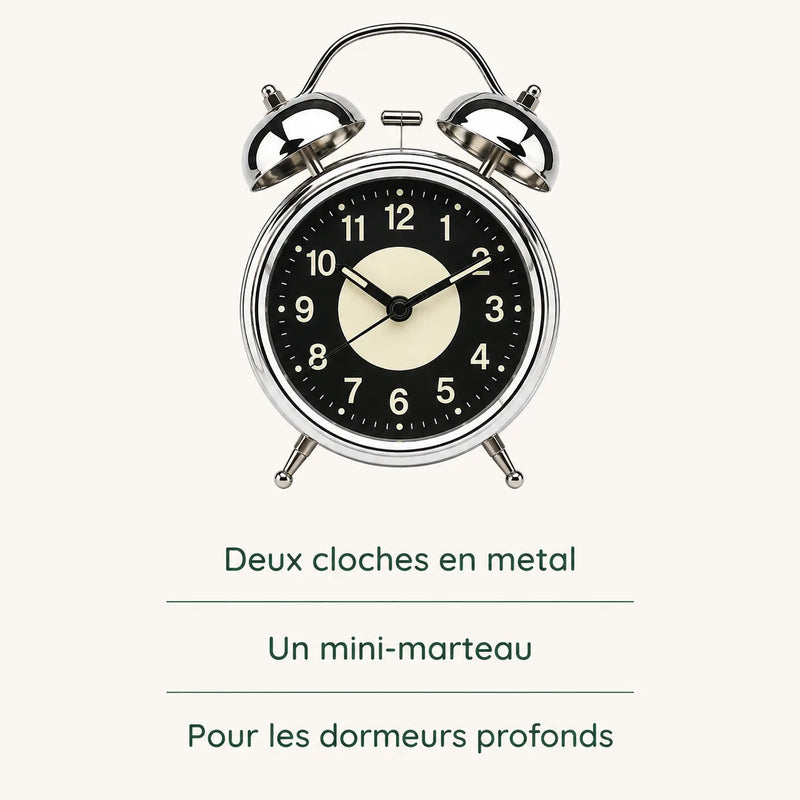 Le réveil et sa sonnerie, deux cloches en métal frappées par un mini-marteau pour les dormeurs profonds