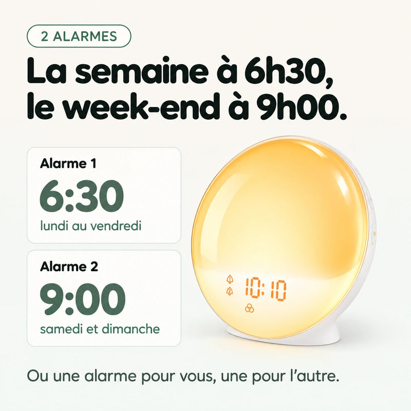 Réveil Horizon à double alarme : 6h30 en semaine, 9h00 le week-end, ou une alarme pour chacun, Tendre Veilleuse