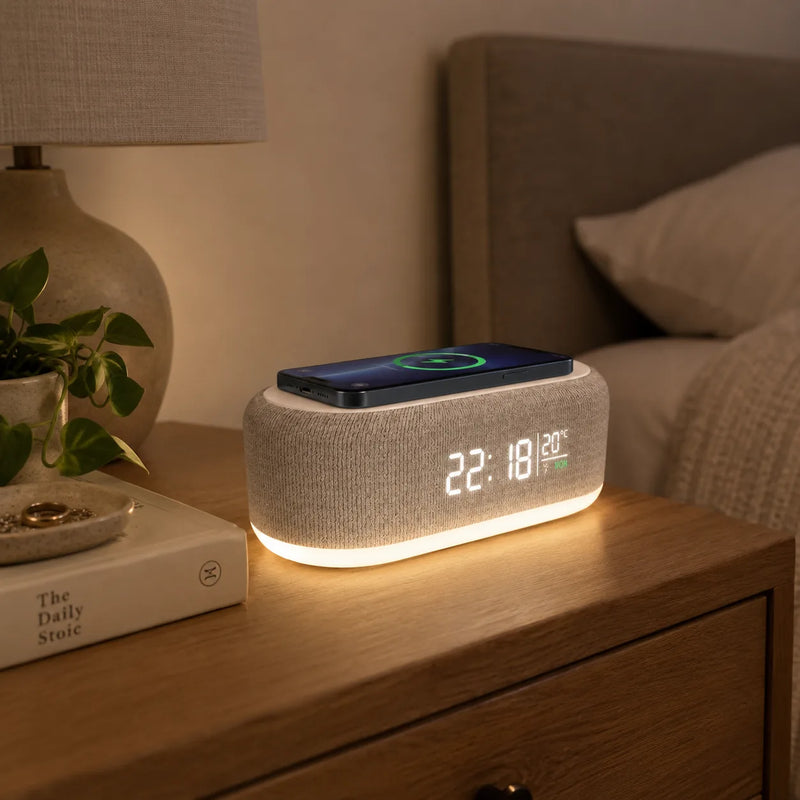 Le réveil chargeur installé sur une table de chevet à côté d'un livre et d'une lampe éteinte, en fin de soirée