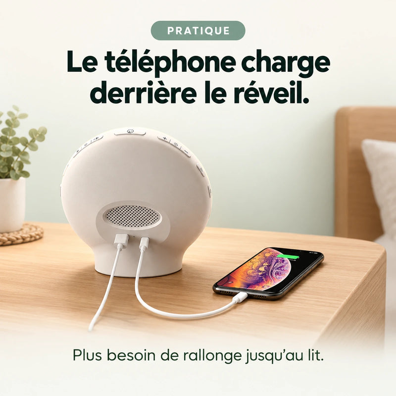 Réveil lumineux Horizon avec port USB à l'arrière pour charger le téléphone sur la table de nuit, Tendre Veilleuse