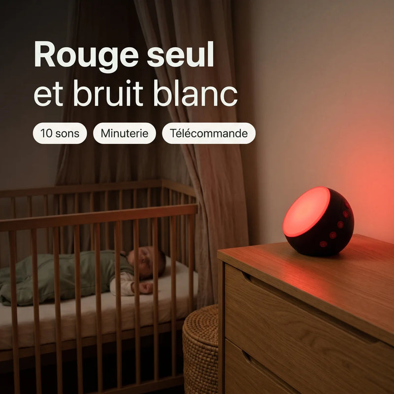 Veilleuse bruit blanc lumière rouge allumée sur une commode dans une chambre de bébé la nuit, Tendre Veilleuse