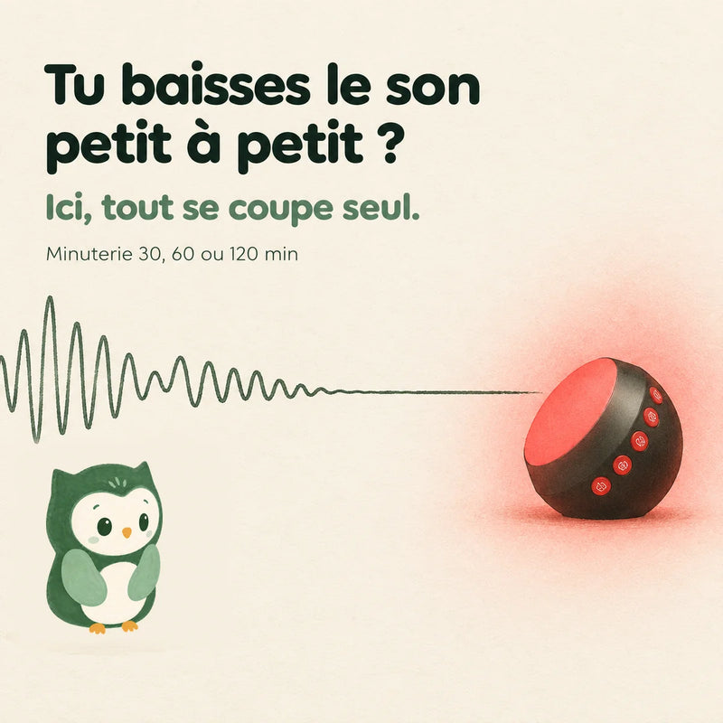 Minuterie de la veilleuse bruit blanc : le son s'aplatit et se coupe seul, avec Lumie le hibou, Tendre Veilleuse