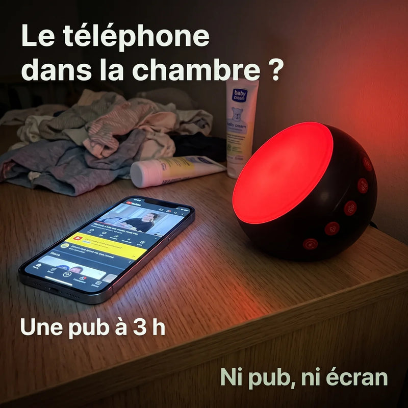 Bruit blanc sur le téléphone ou veilleuse dédiée : une pub à 3 h contre ni pub ni écran, Tendre Veilleuse