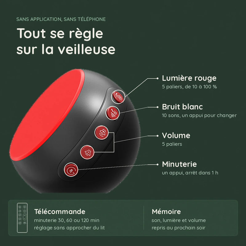 Réglages de la veilleuse bruit blanc lumière rouge : lumière, 10 sons, volume, minuterie et télécommande, Tendre Veilleuse