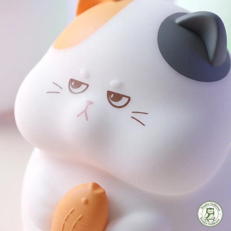 Gros plan texture silicone souple de la veilleuse chat Mistigri™, surface mate sans BPA, détail expression bougon, oreilles orange et noire — Tendre Veilleuse