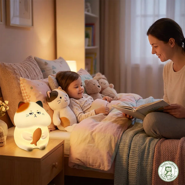 Veilleuse chat Mistigri™ allumée en lumière chaude sur table de nuit, enfant souriant dans son lit pendant la lecture du soir — Tendre Veilleuse