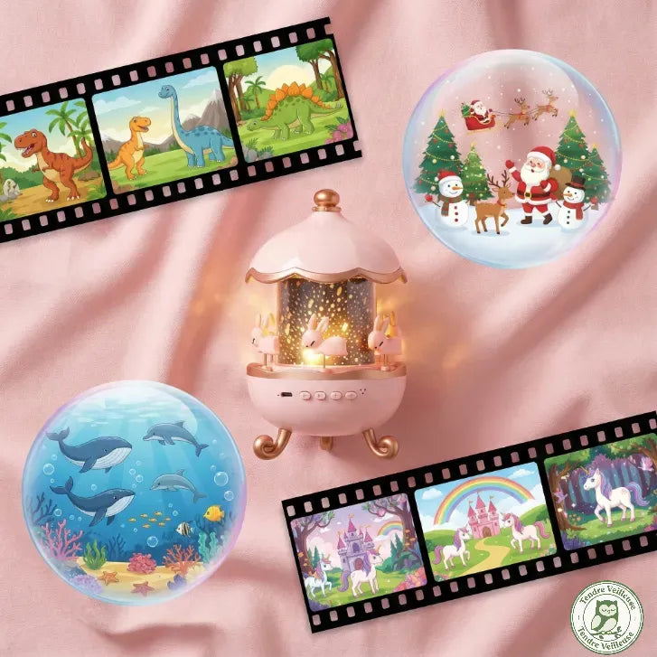 Présentation des 12 films de projection de la veilleuse lapin : dinosaures, licornes, château, océan dauphins et Père Noël, sur fond rose satiné — Tendre Veilleuse