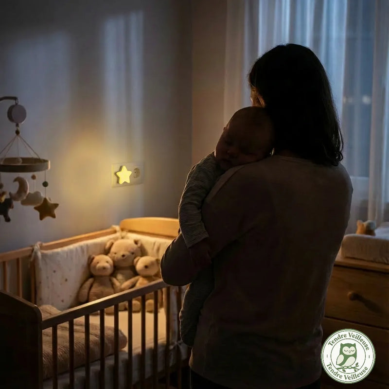 Veilleuse prise étoile LED vue de côté avec 4 LED intégrées et angle lumineux 360 degrés, Tendre Veilleuse