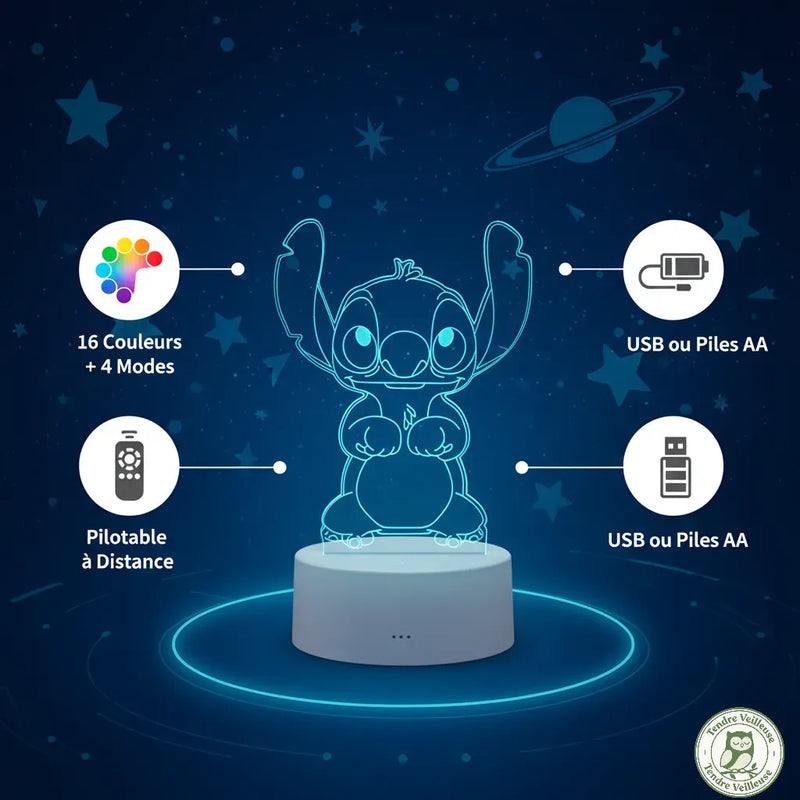 Veilleuse Stitch 3D LED – Lampe Tactile & Multicolore (16 Couleurs)