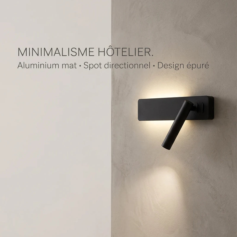 Applique murale LED 3W aluminium brossé, design minimaliste hôtelier, spot directionnel, fond béton ciré, Tendre Veilleuse