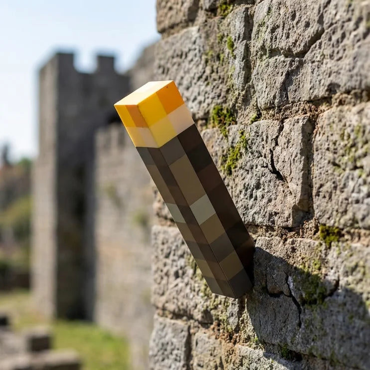 Applique murale torche Minecraft éteinte fixée à 45 degrés sur un mur en pierre, réplique fidèle à l'échelle pour la décoration.
