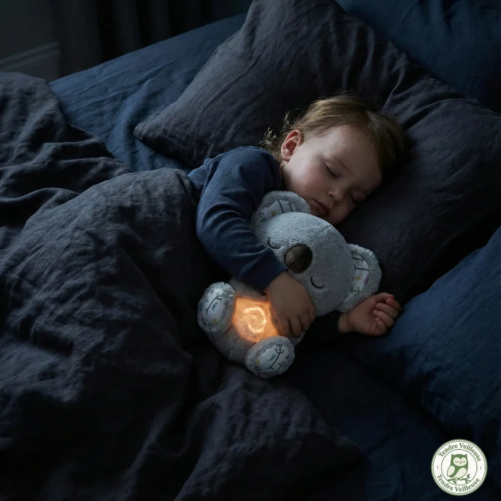 Bébé endormi profondément dans son lit en faisant un câlin à sa peluche koala qui respire