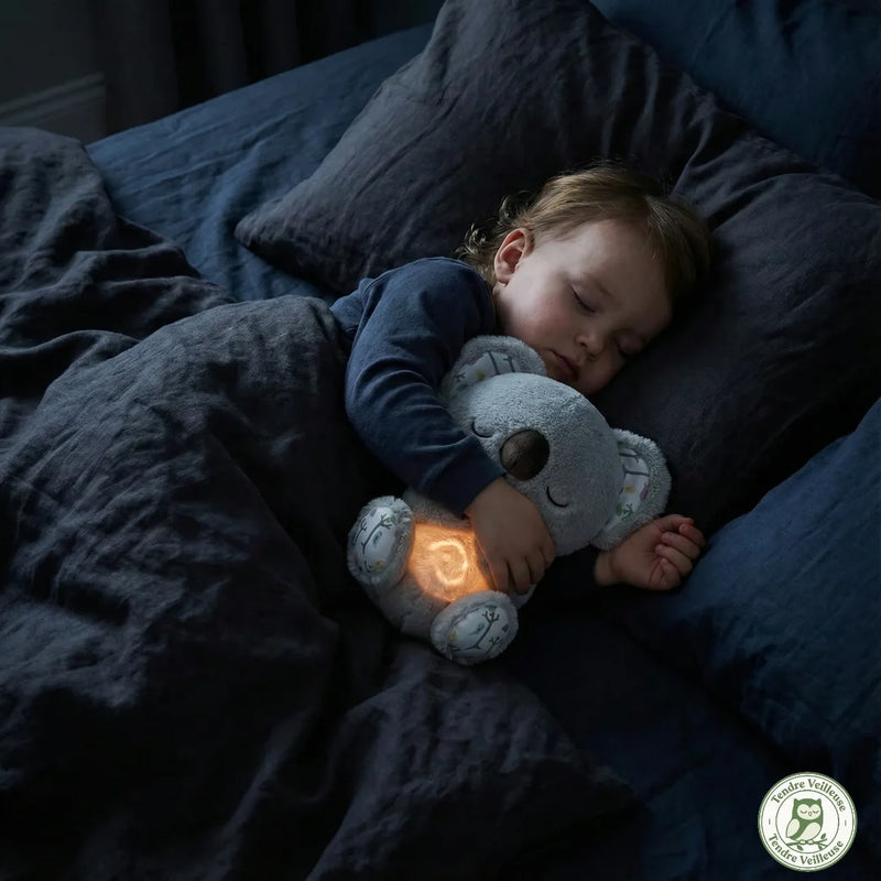 Bébé endormi profondément dans son lit en faisant un câlin à sa peluche koala qui respire