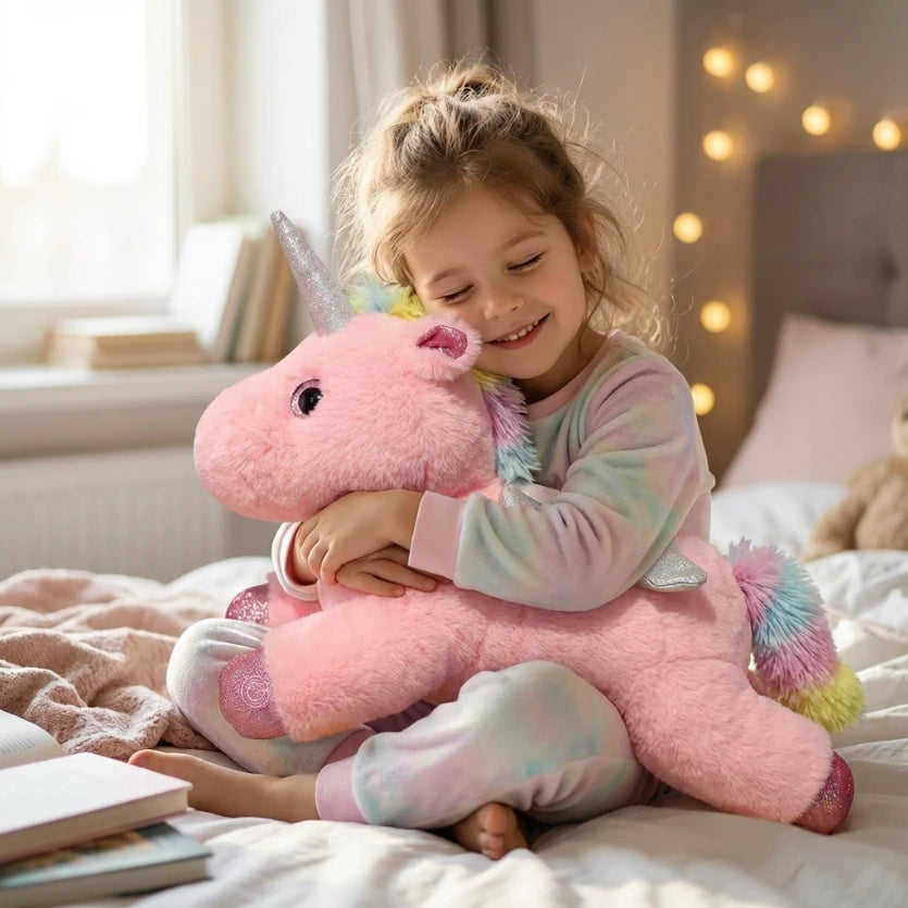 Petite fille souriante serrant fort sa grosse peluche licorne rose, illustrant la douceur et la taille idéale de ce cadeau pour enfant.
