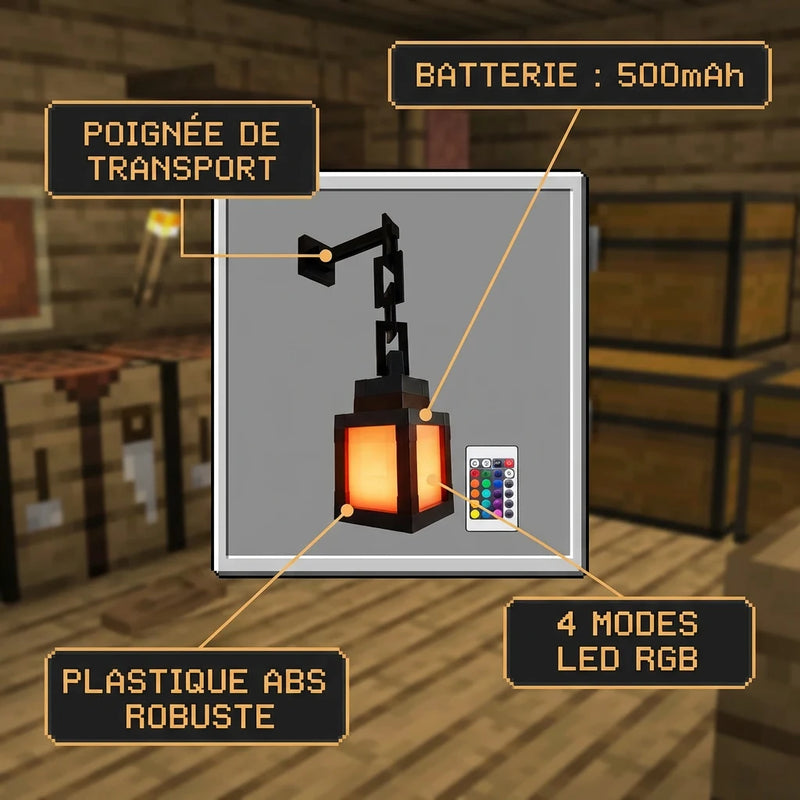 Infographie technique de la lampe lanterne Minecraft : batterie 500 mAh sans fil, poignée de transport, LED RGB 4 modes et plastique ABS.