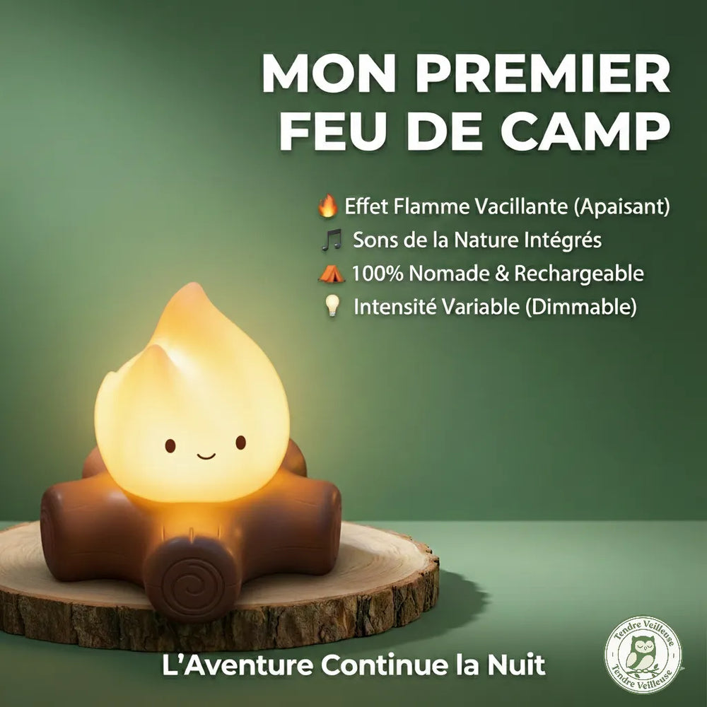 Infographie détaillant les fonctions de la veilleuse : effet flamme vacillante, sons de la nature intégrés, batterie rechargeable et intensité variable.