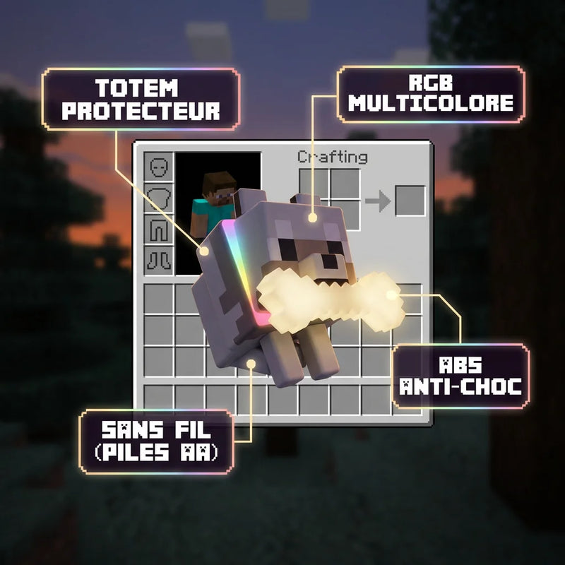 Infographie des caractéristiques de la veilleuse loup Minecraft : éclairage RGB multicolore, fonctionnement 100% sans fil à piles AA, et plastique ABS anti-choc.
