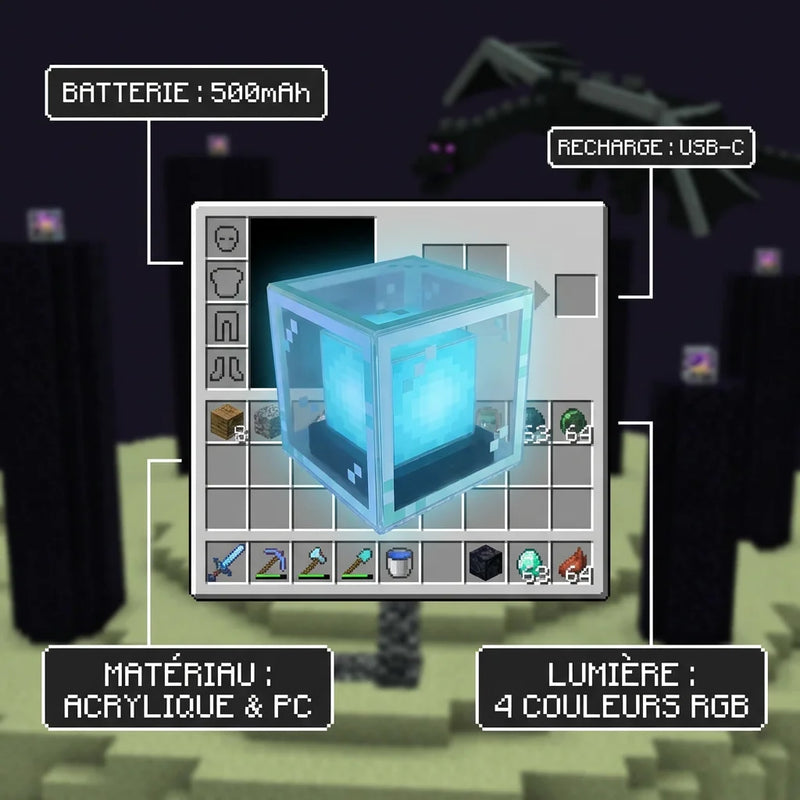 Infographie technique de la veilleuse Balise Minecraft : batterie 500 mAh, recharge USB-C, éclairage sans fil et conception en acrylique.