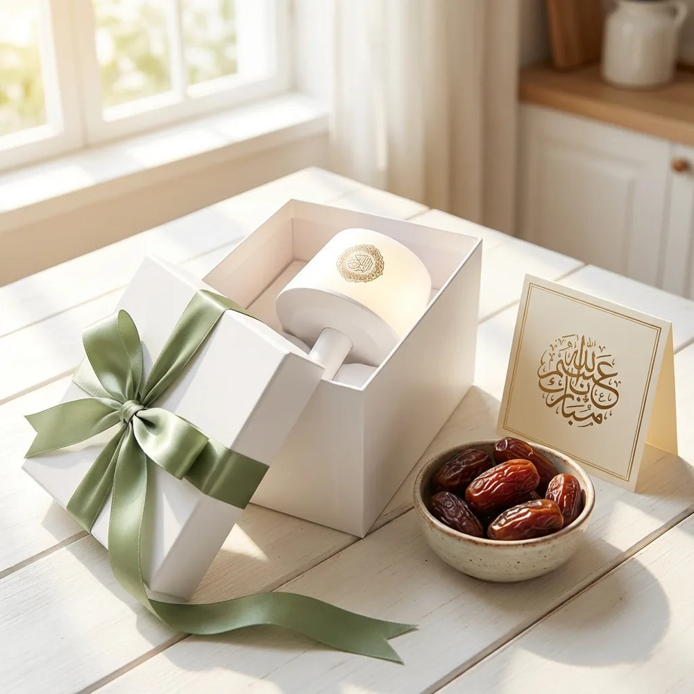 Coffret cadeau premium de la veilleuse coranique ouvert avec un ruban vert, présenté sur une table avec des dattes et une carte de vœux pour l'Aïd.