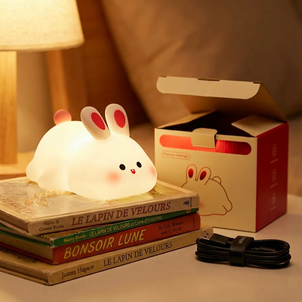 Vue du pack complet : Veilleuse lapin posée sur des livres de contes, avec sa boîte d'emballage cadeau illustrée et son câble de recharge USB-C inclus.
