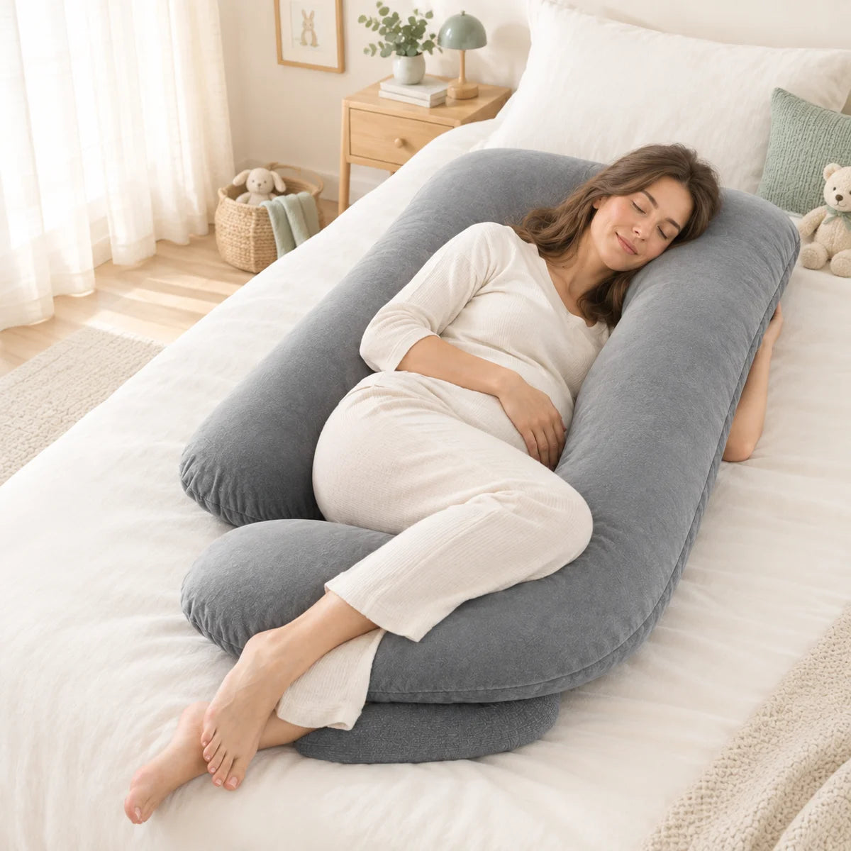Femme enceinte allongée sur le côté dans un coussin de grossesse en U, chambre claire, Tendre Veilleuse