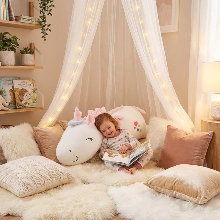 Petite fille lisant un livre, adossée confortablement à un coussin licorne géante dans un coin lecture décoré avec un ciel de lit lumineux.