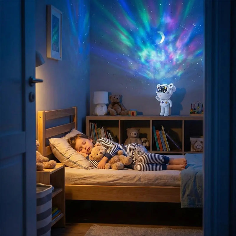 Lampe de nuit astronaute projetant un ciel étoilé bleu dans une décoration de chambre de garçon. Ambiance spatiale relaxante.