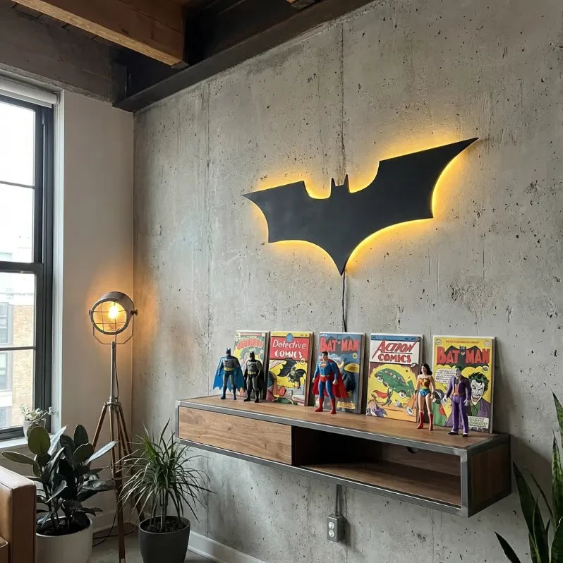 Veilleuse murale Batman sur mur béton au-dessus d'une étagère de comics et figurines vintage.