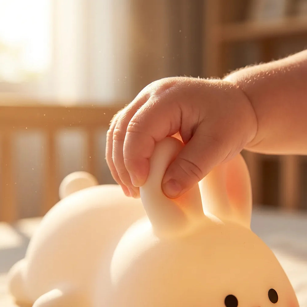 Gros plan sur une main de bébé écrasant l'oreille souple de la veilleuse lapin. Démonstration de la texture silicone 'Soft-Touch' déformable et incassable.