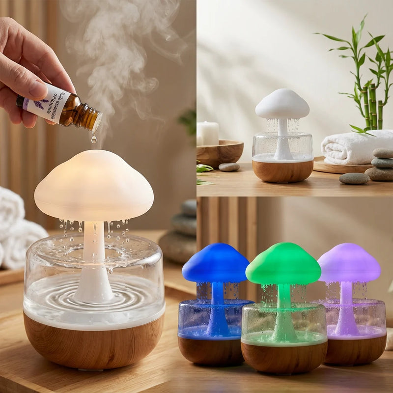 ajout huiles essentielles humidificateur veilleuse champignon bruit de pluie, 7 couleurs chromothérapie bleu vert violet, aromathérapie ultrasons