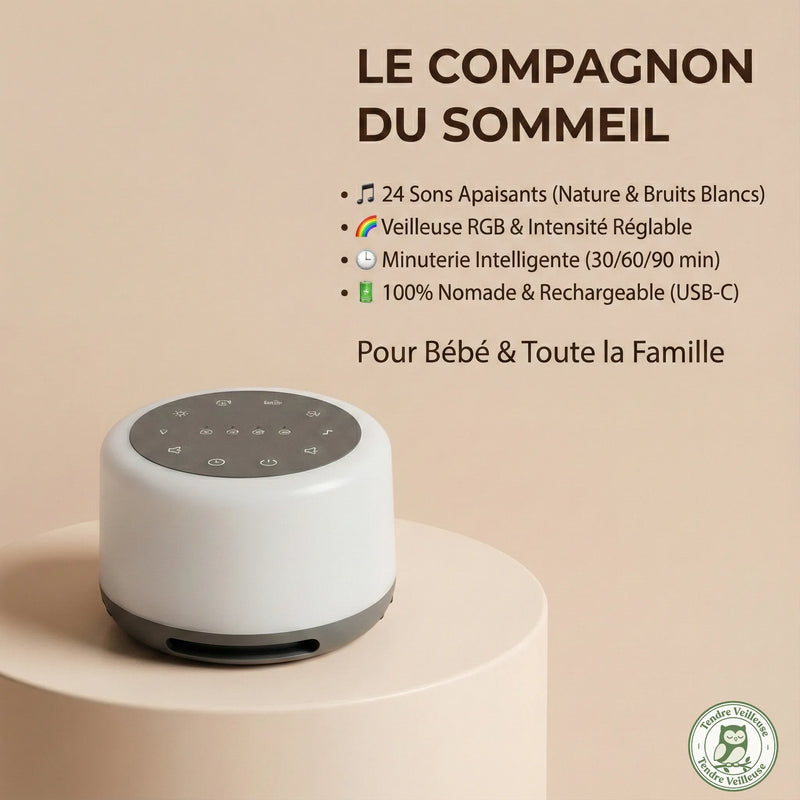 Infographie des fonctionnalités DreamBox : 24 sons apaisants (nature et bruits blancs), veilleuse RGB à intensité réglable, minuterie intelligente et batterie rechargeable USB-C nomade.