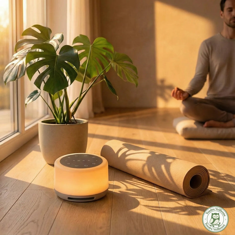 Séance de méditation avec le hub de sommeil DreamBox diffusant des sons de nature et une lumière chaude pour favoriser la relaxation et la pleine conscience.