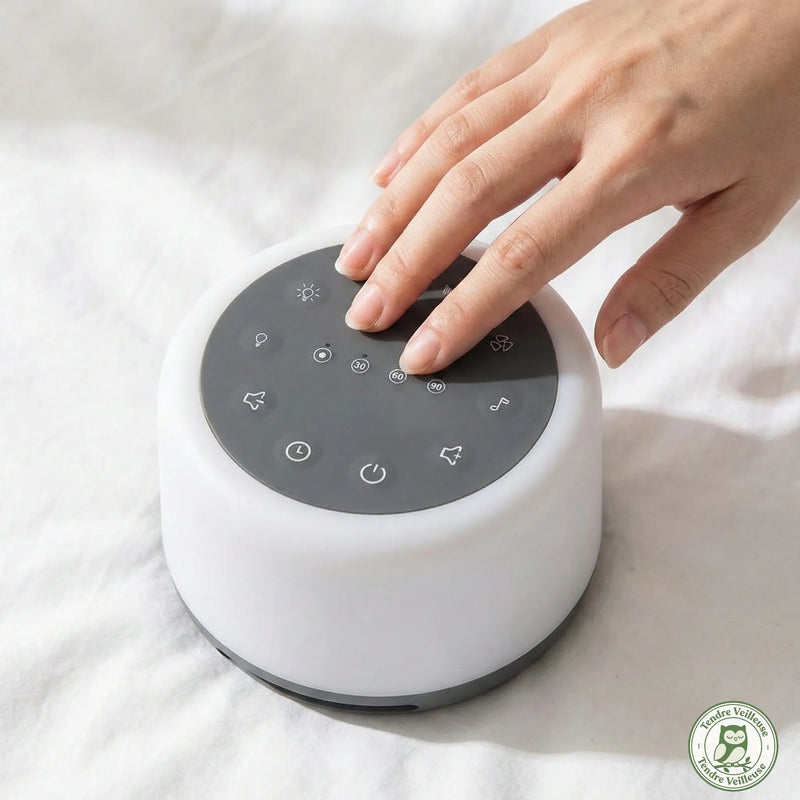 Gros plan sur l'interface tactile ergonomique de la DreamBox : réglage facile de la minuterie (30, 60, 90 min) et du volume d'une simple touche.