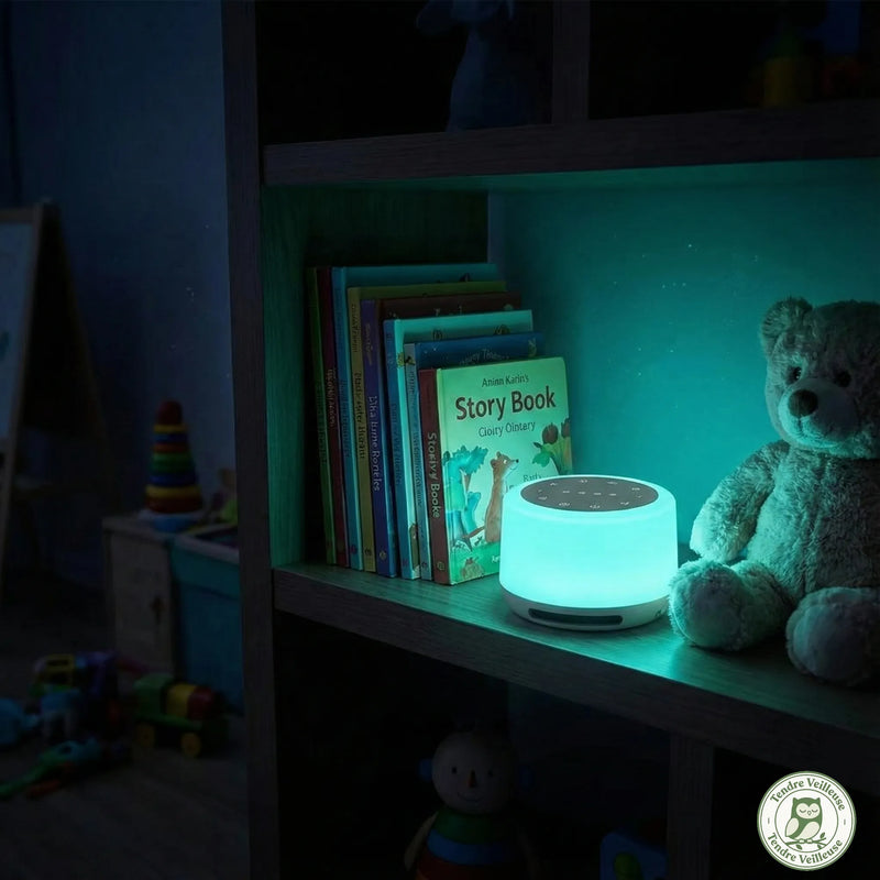 DreamBox posée sur une bibliothèque d'enfant diffusant une lumière d'ambiance turquoise, idéale pour accompagner la lecture de l'histoire du soir.