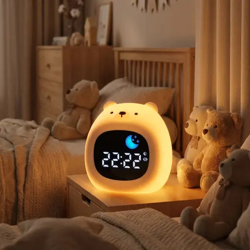 Réveil ours en mode veilleuse de nuit posé sur une table de chevet. Diffuse une lumière douce pour rassurer l'enfant contre la peur du noir.