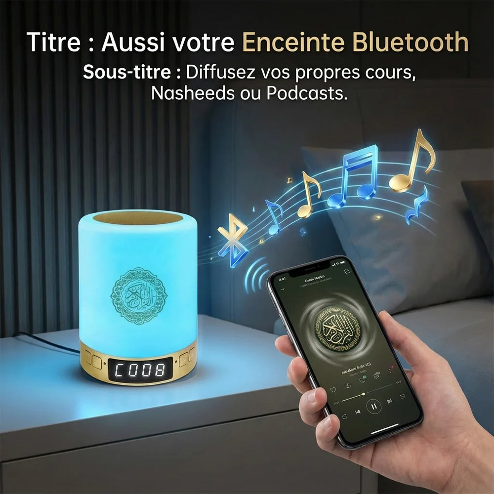 Connexion Bluetooth entre un smartphone et la veilleuse coranique qui s'illumine en bleu cyan. Diffusion de cours religieux et Nasheeds via l'application. Symboles de notes de musique et ondes Bluetooth.