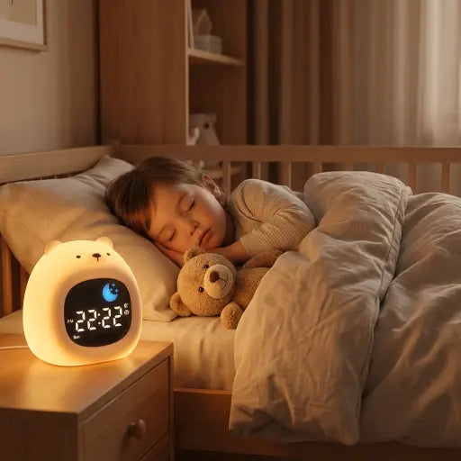 Enfant dormant paisiblement à côté de son réveil pédagogique. Solution pour l'apprentissage du sommeil et les terreurs nocturnes.