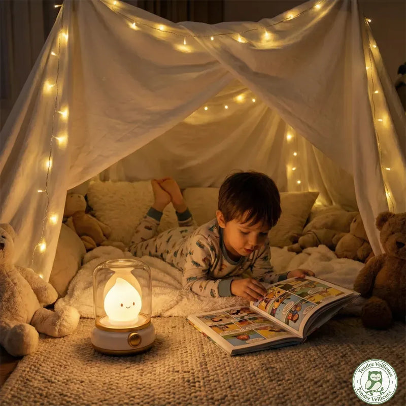 Enfant lisant dans une tente avec la Veilleuse de Nuit Bougie LED allumée lumière douce chaude dimmable, nomade rechargeable USB, Tendre Veilleuse