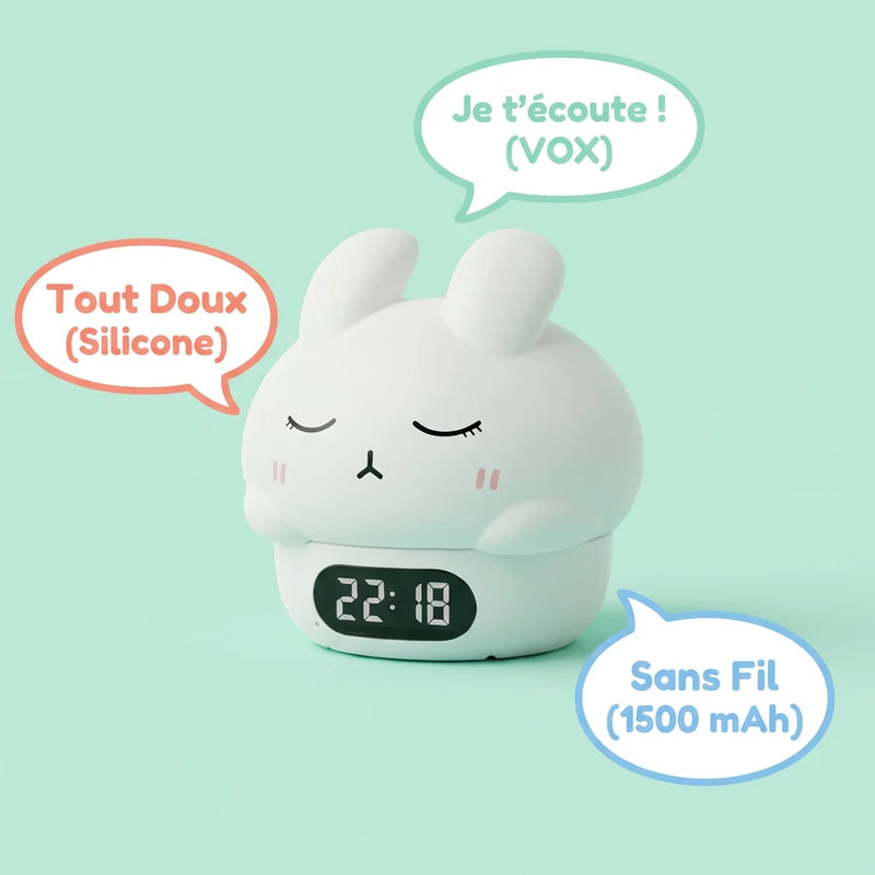 Fiche technique du réveil veilleuse lapin RGB : timer 10 20 30 minutes, batterie 1200 mAh, température Celsius Fahrenheit