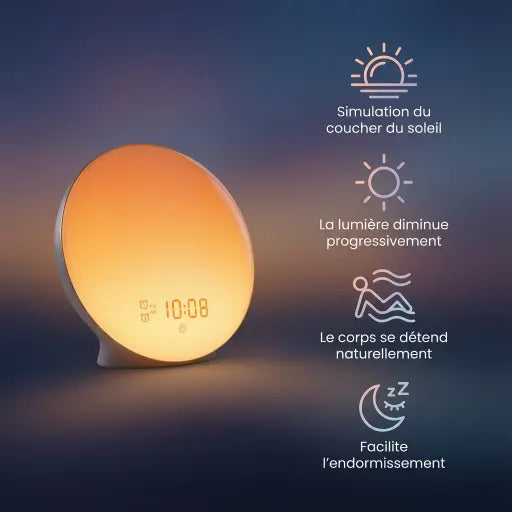 Infographie du mode coucher de soleil du réveil Horizon avec lumière progressive Tendre Veilleuse