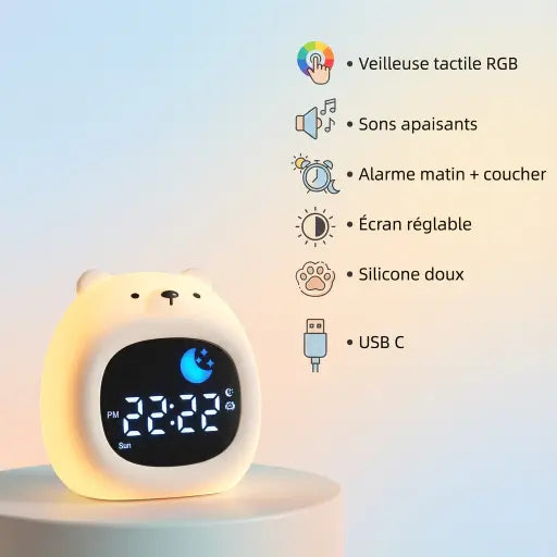 Vue technique du réveil ours montrant le port de charge USB. Batterie rechargeable intégrée 1800mAh (fini les piles).