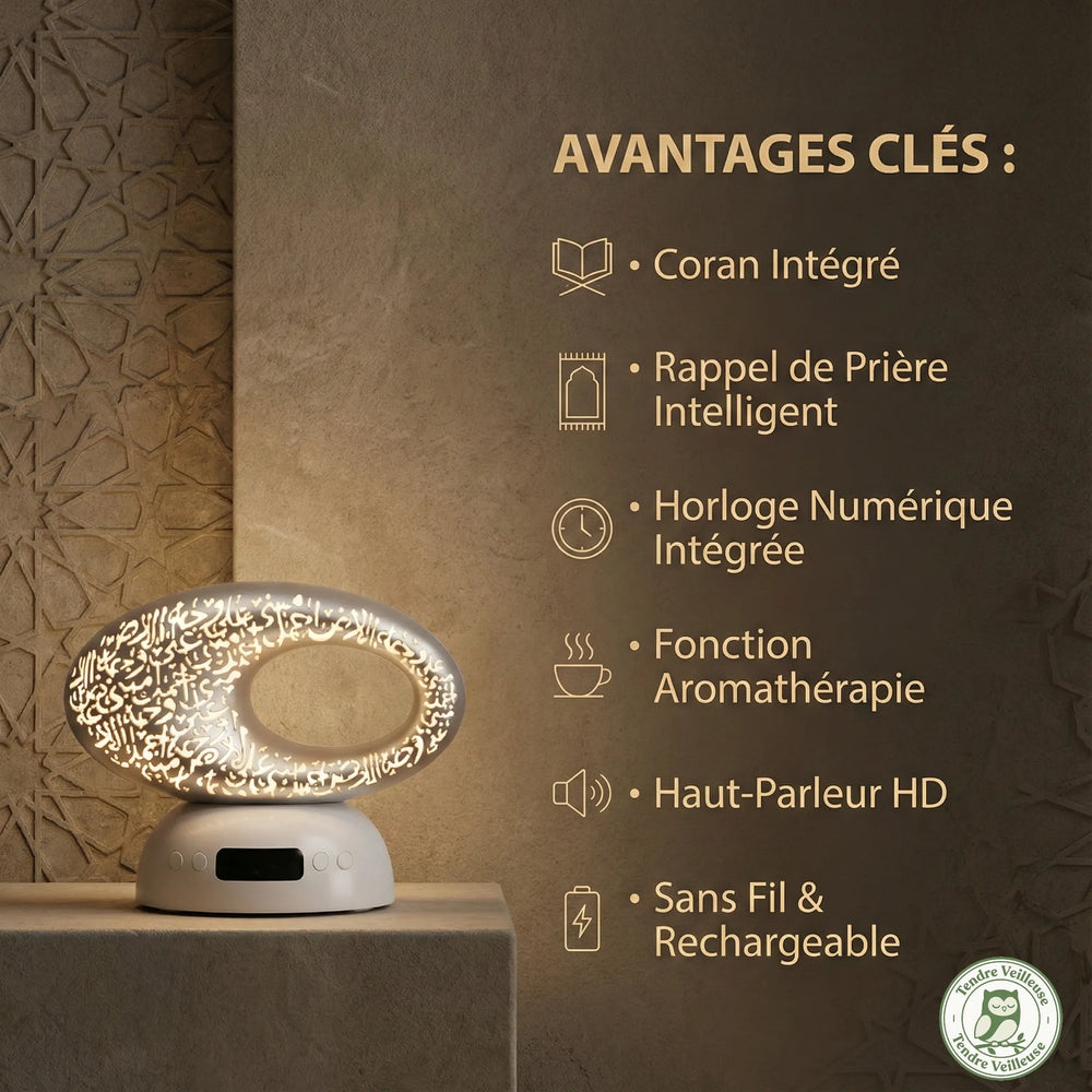 Infographie avantages diffuseur coranique : Coran intégré, aromathérapie, rappel prière Azan et haut-parleur HD sans fil.