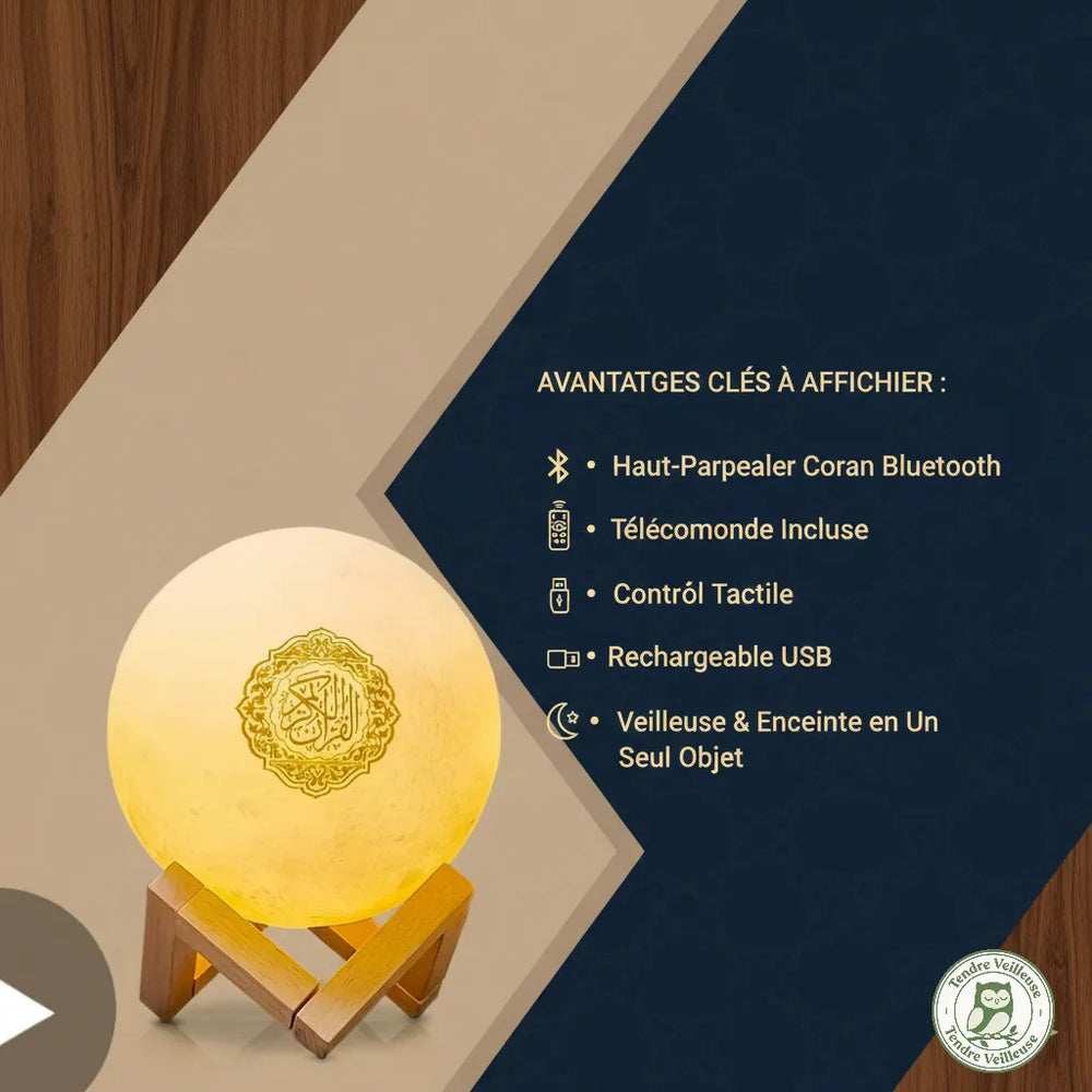 Infographie des avantages de la veilleuse lune : enceinte Coran Bluetooth, tactile, rechargeable USB et télécommande incluse.