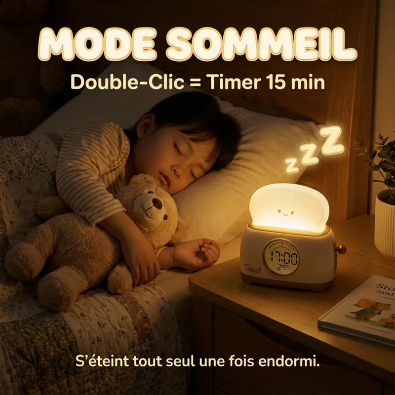 Infographie réveil toast kawaii avec mode sommeil, minuterie 5 à 30 minutes et extinction automatique, Tendre Veilleuse