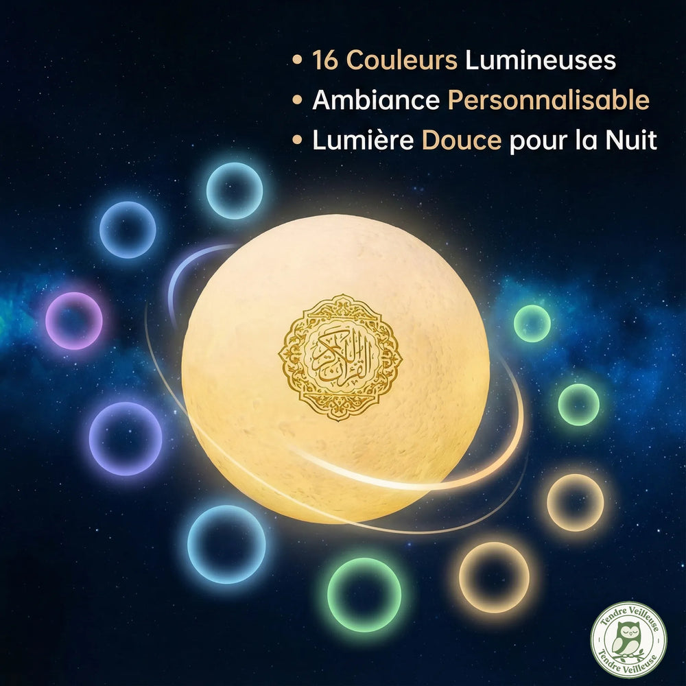Infographie de la veilleuse lune coranique présentant ses 16 couleurs lumineuses pour une ambiance personnalisable et douce la nuit.