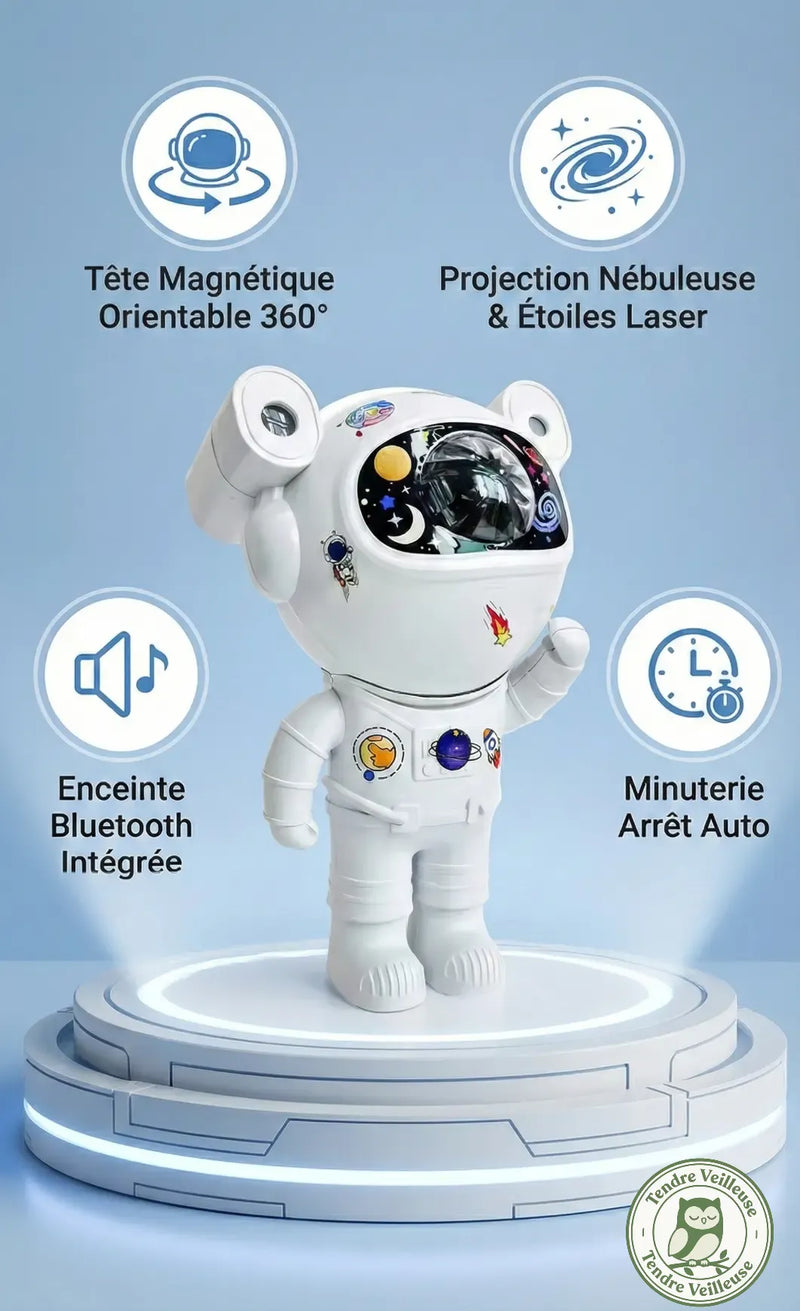 Infographie des fonctionnalités Cosmo : Projecteur galaxie, enceinte Bluetooth, minuterie automatique et aide à l'endormissement.