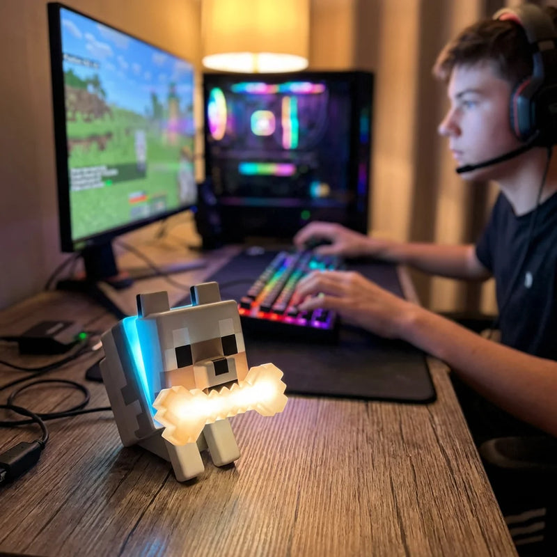 Photographie lifestyle de la lampe loup Minecraft allumée sur un bureau, offrant un éclairage d'ambiance RGB idéal pour finaliser la décoration d'un setup gamer.